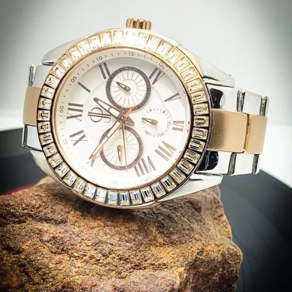 Jennifer Lopez Emerald Cut Clear Crystals/Rose Gold/Stainless/Round Womens Watch
